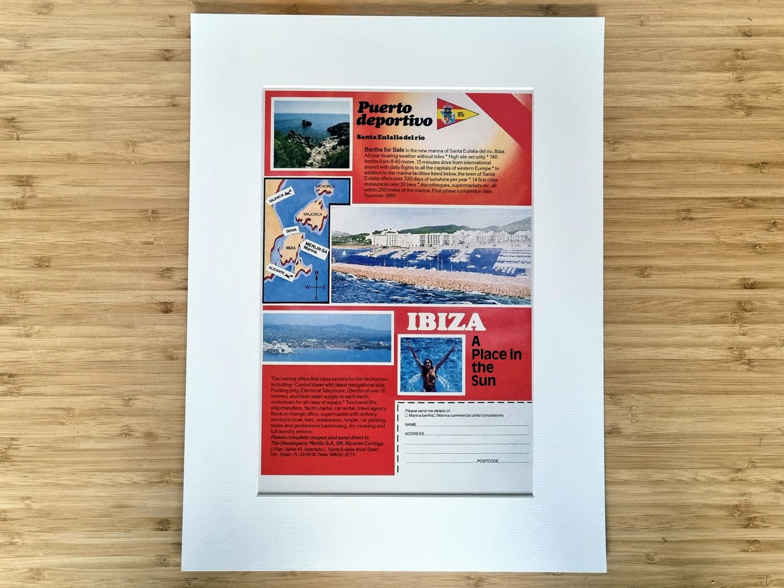 Ibiza Advert, Luxury Marina Travel Advert Print, Spain Puerto Deportivo, 1980s Mediterranean Lifestyle Magazine Advertisement photo vinterior