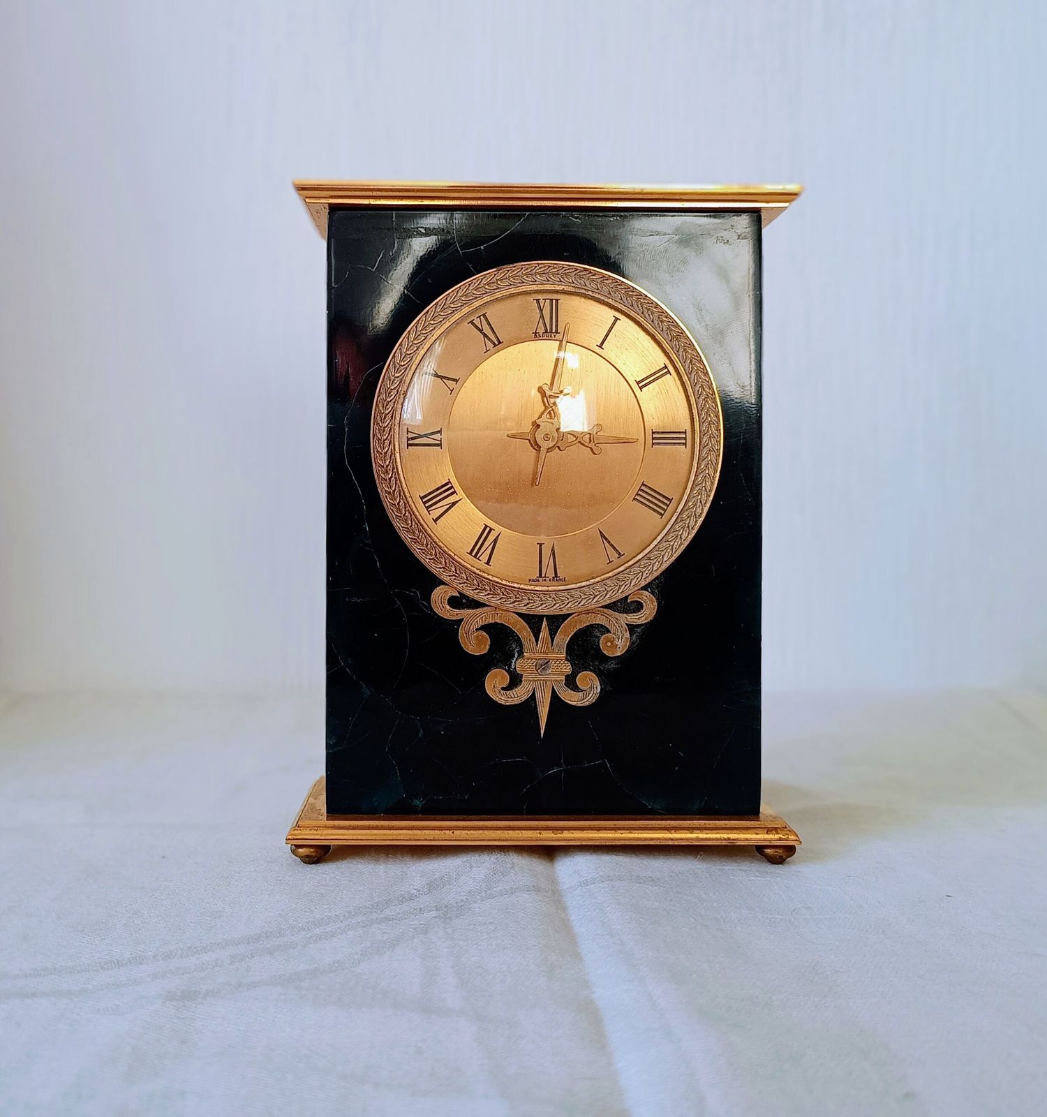 Hollywood Regency Mechanical Hour Lavigne Clock For Asprey: Ormolu And Crackle Ice Lucite Faux Green Marble photo furniture