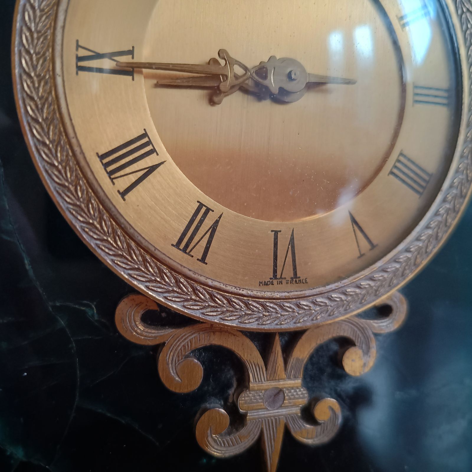 Home Decor Hollywood Regency Mechanical Hour Lavigne Clock For Asprey: Ormolu And Crackle Ice Lucite Faux Green Marble photo