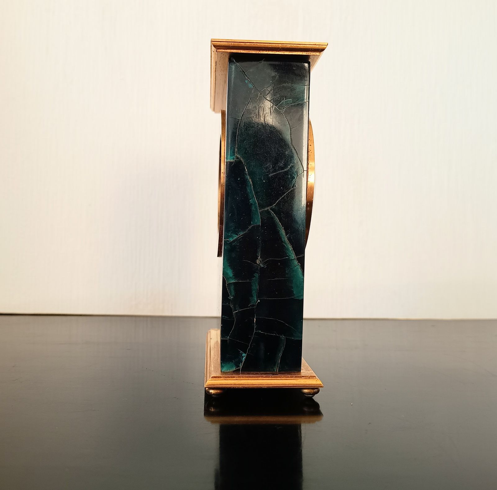 550.0 Hollywood Regency Mechanical Hour Lavigne Clock For Asprey: Ormolu And Crackle Ice Lucite Faux Green Marble photo