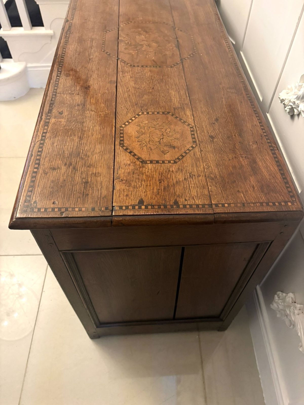 photo buy Exceptional Quality 17th Century Antique Oak Mule Chest With Marquetry Inlay