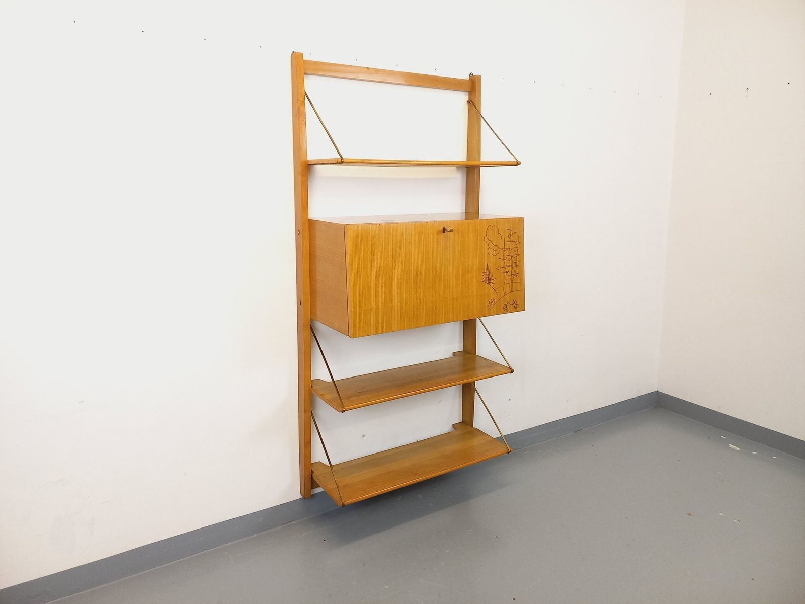 Wall Mounted Bookcase With Secretary Desk, Made Of Wood And Brass