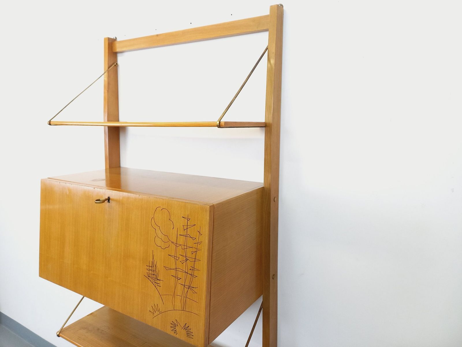 photo buy Wall Mounted Bookcase With Secretary Desk, Made Of Wood And Brass