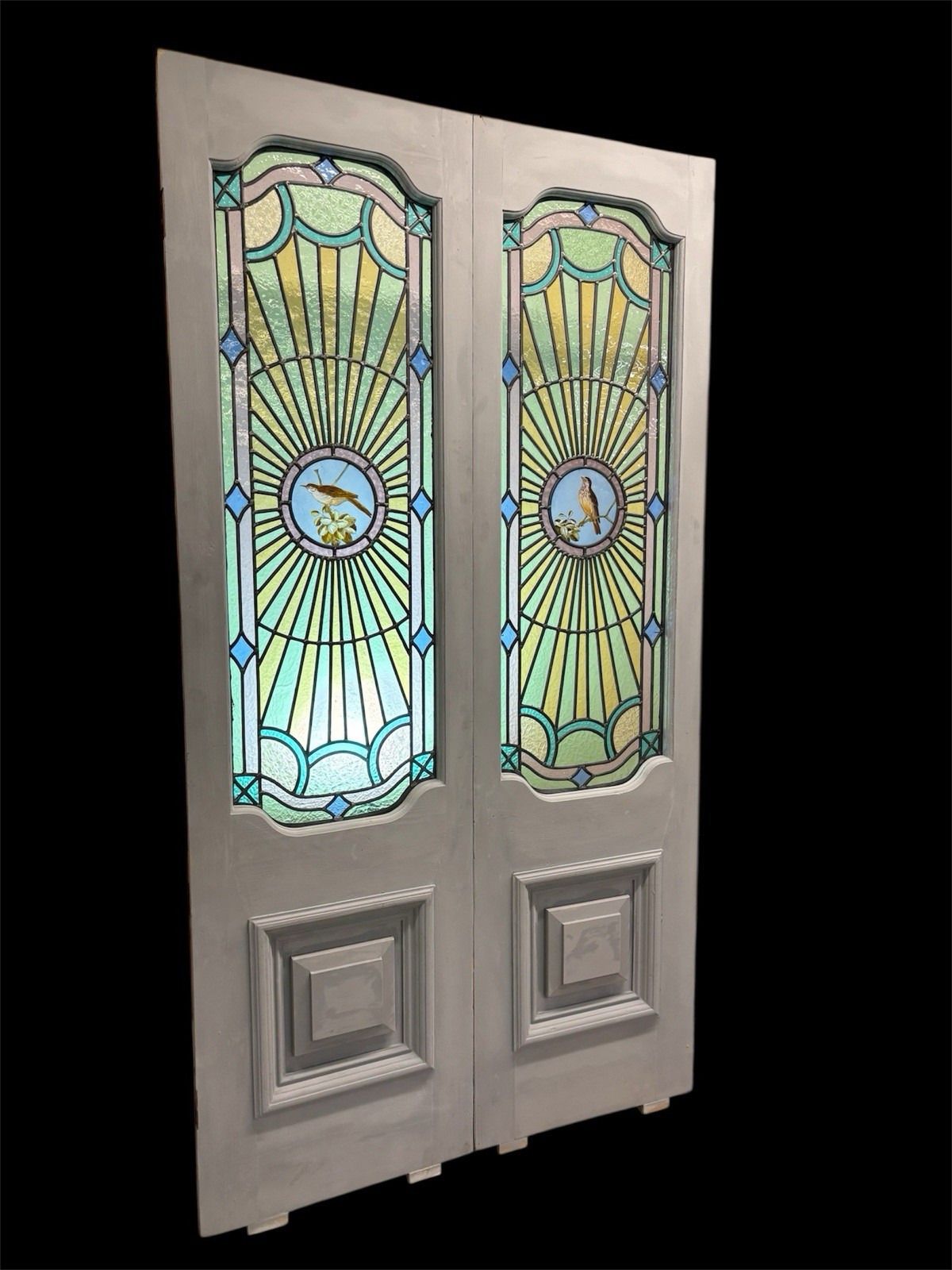 Antique Stained Glass French Doors Period Reclaimed Edwardian Art Deco Leaded photo furniture