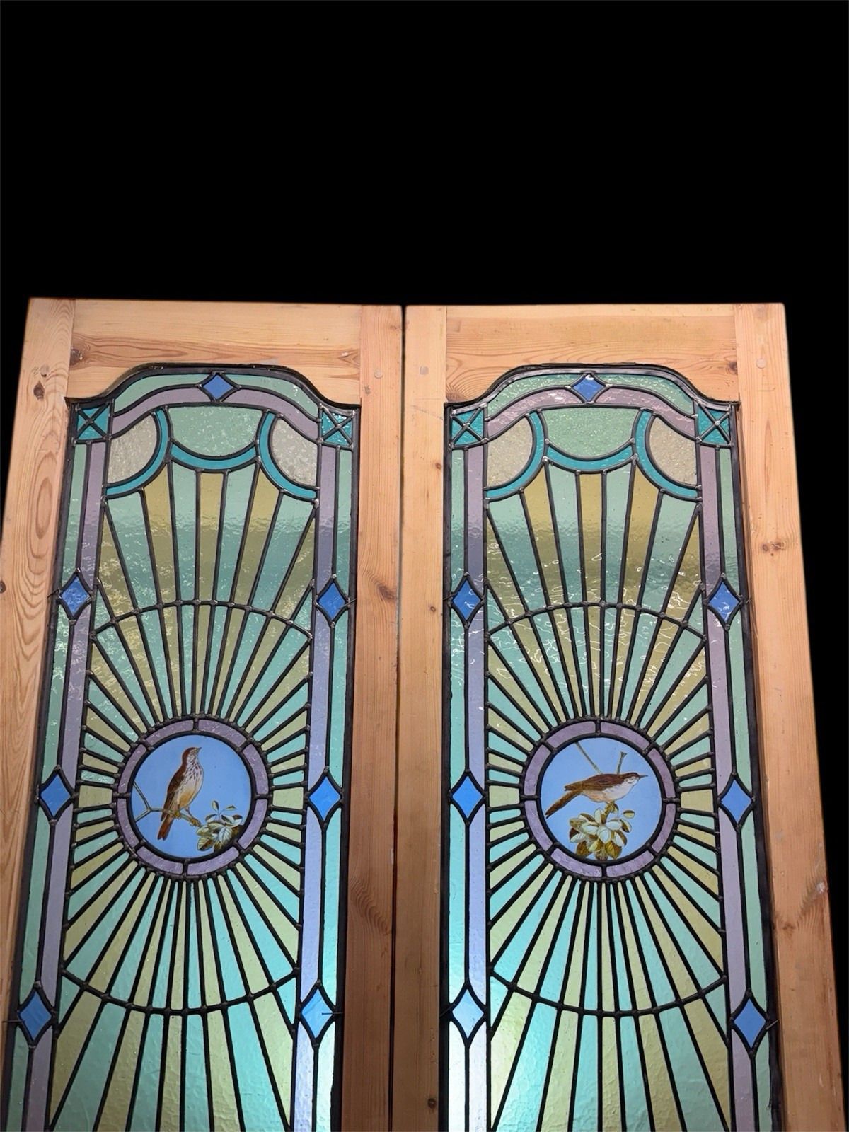 Antique Stained Glass French Doors Period Reclaimed Edwardian Art Deco Leaded photo vintage