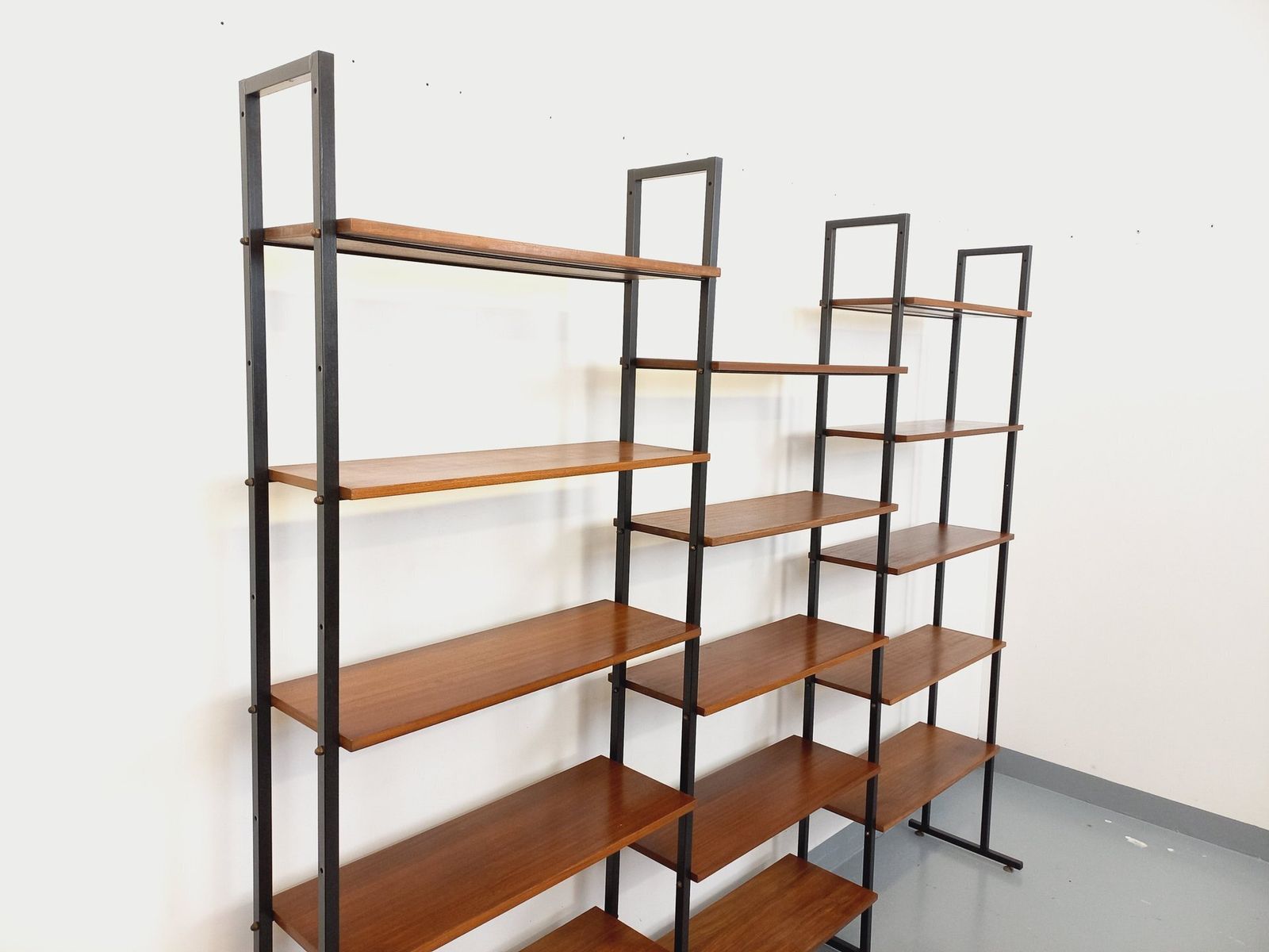 Modular Triple Italian Bookcase In Teak And Metal photo for sale