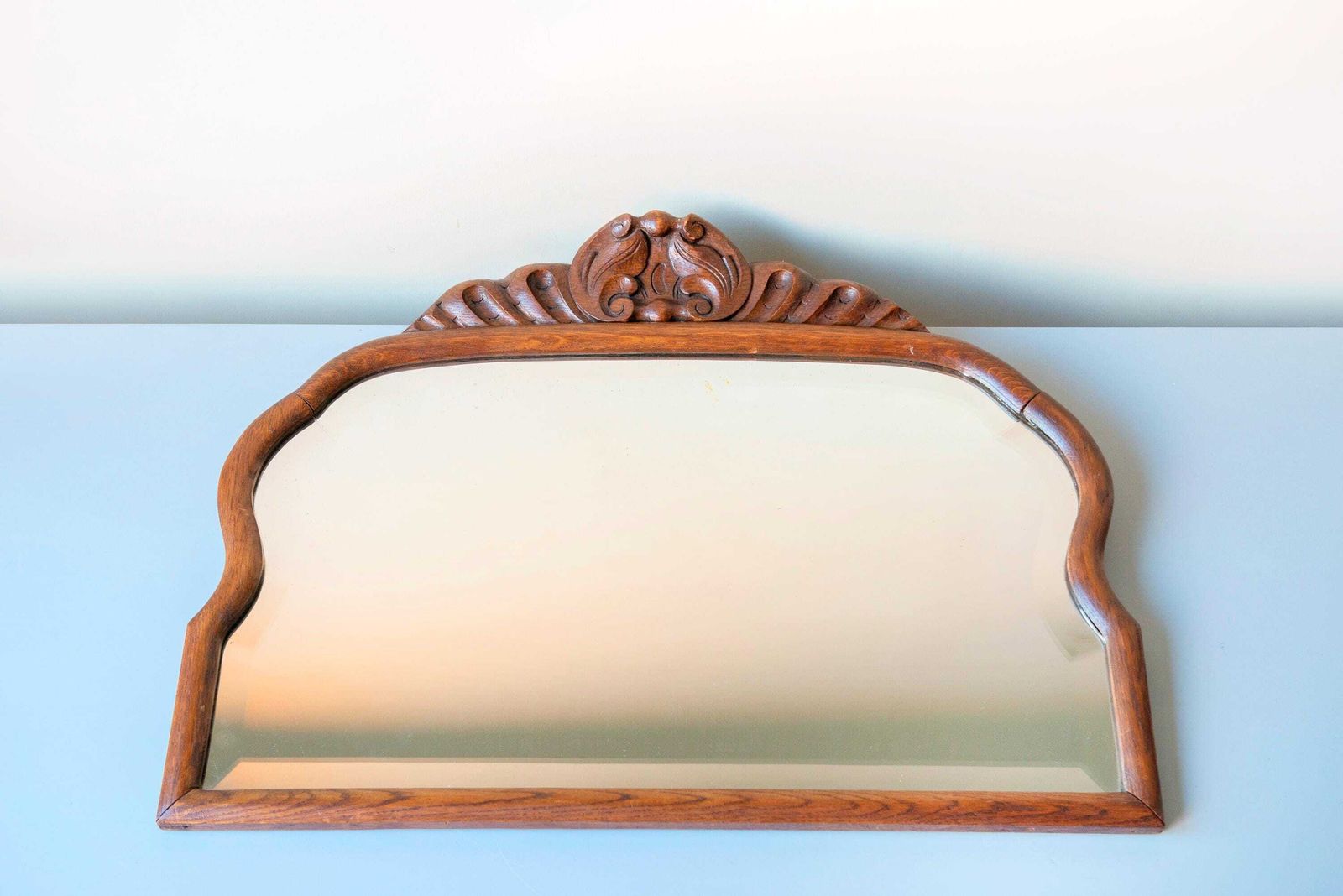 Large Antique Wooden Mantel Mirror – Scalloped Frame With Carved Crest – Beveled Glass – Victorian Style photo buy