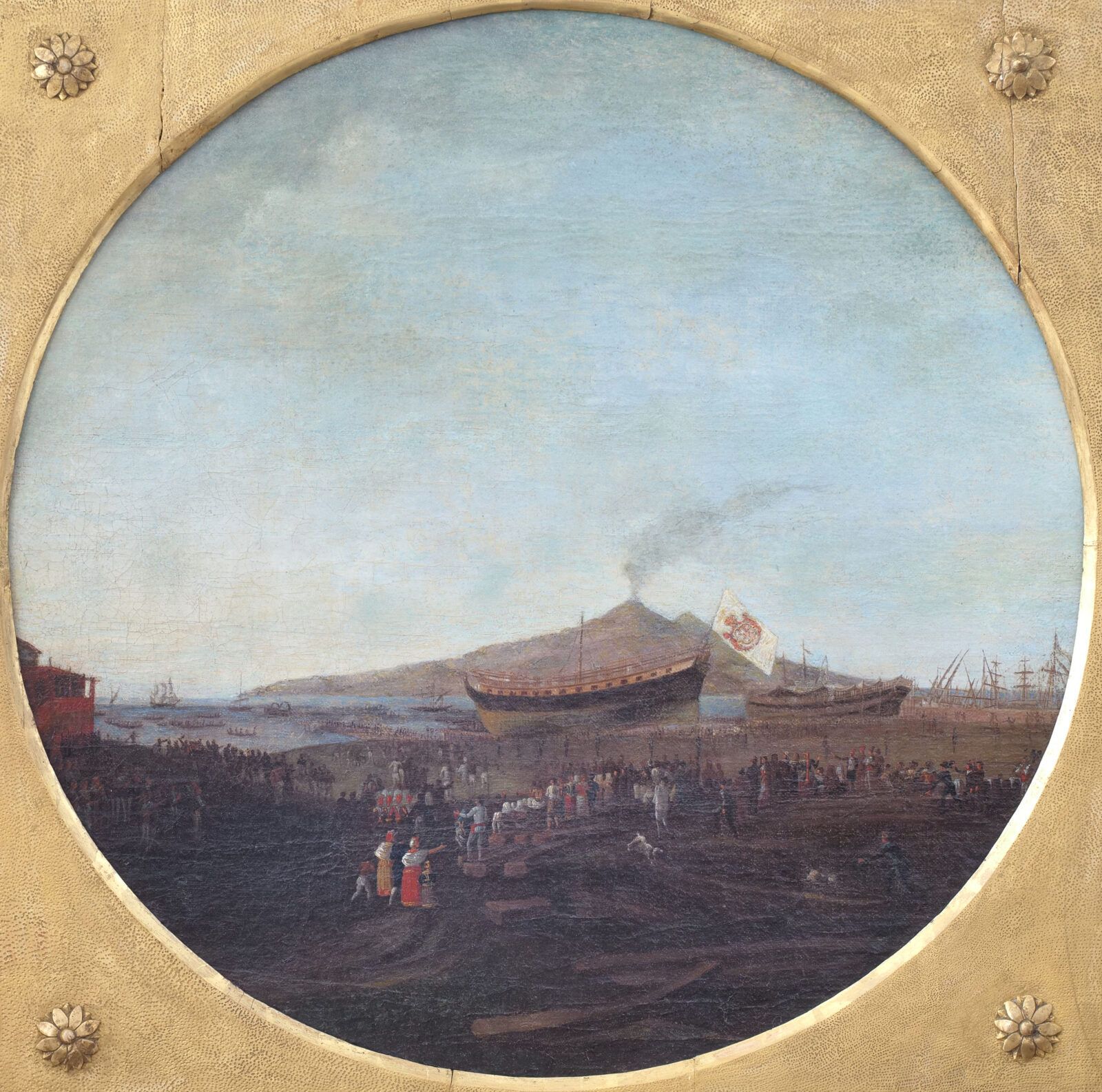 Jacob Philipp Hackert (Follower Of), View Of The Castellammare Shipyard With The Launching Of The Vessel Partenope, Vesuvius In The Background – 18th photo furniture