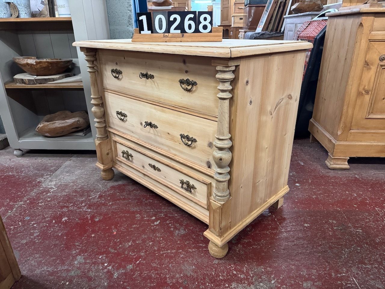 Beautiful Antique Pine 3 Drawer Decorative Pillared Chest Of Drawers photo vinterior
