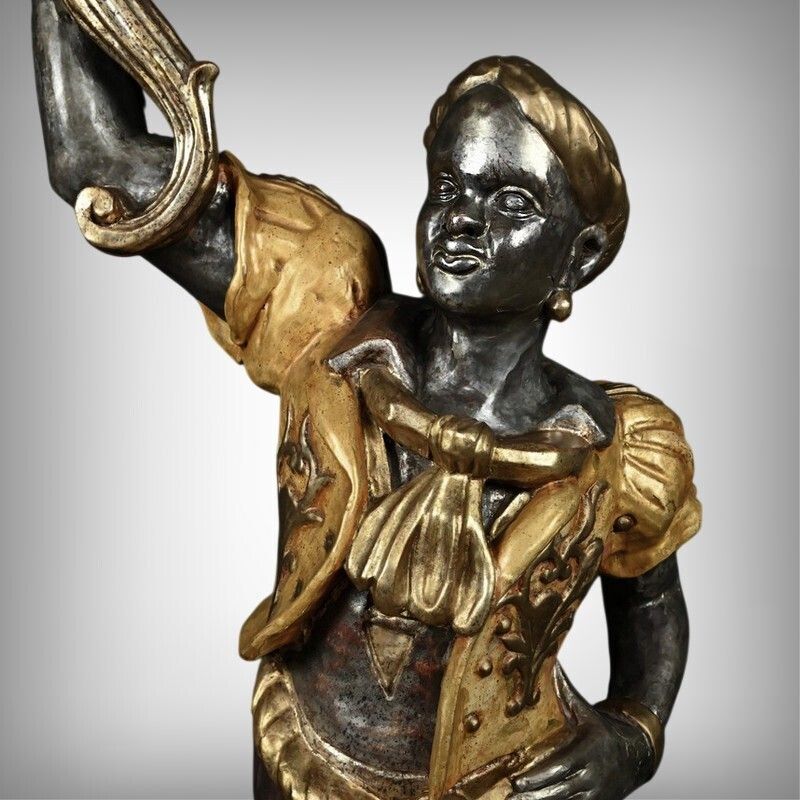 Nubian Torch Holder In Polychrome Wood, Venetian Style – First Half Of The 20th Century photo furniture
