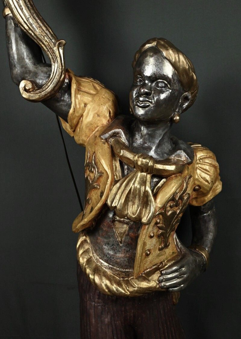 photo for sale Nubian Torch Holder In Polychrome Wood, Venetian Style – First Half Of The 20th Century