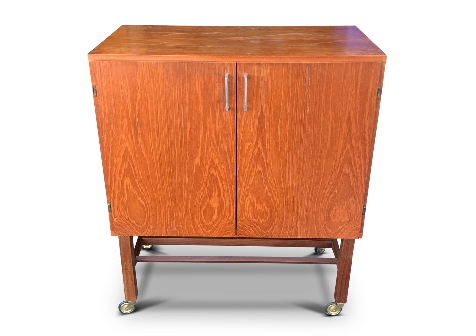 Mid Century Modern Teak Vinyl Cabinet, With Fitted Interior, Raised On Square Supports With Castors Ol photo for sale