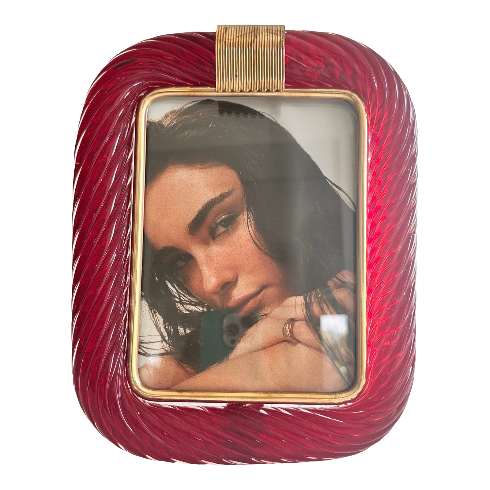 Venetian Red “Torchon” Murano Glass Picture Frame And Unaquered Brass In Barovier Style.