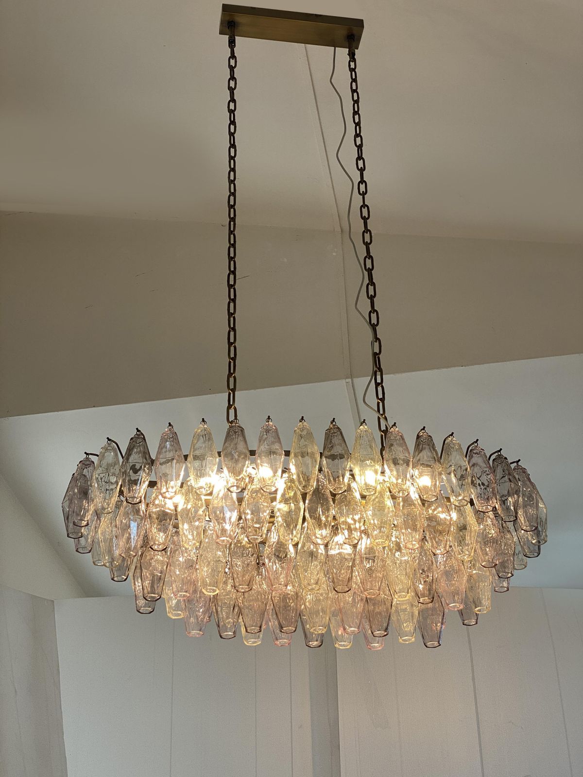 Contemporary Multicolored Oval “Poliedri” Murano Glass Burnish Chandelier In Venini Style photo vinterior