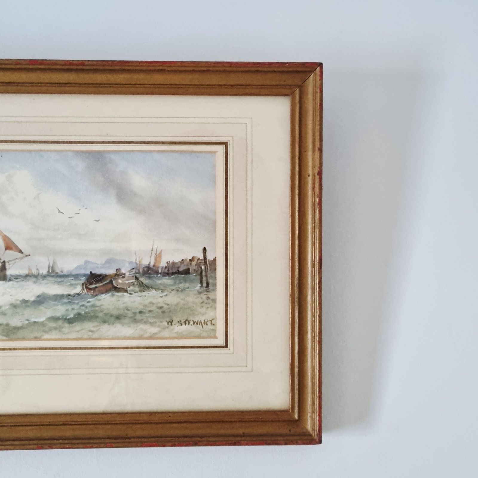 Original Antique Watercolour Depicting Tall Ships By W Stewart photo buy