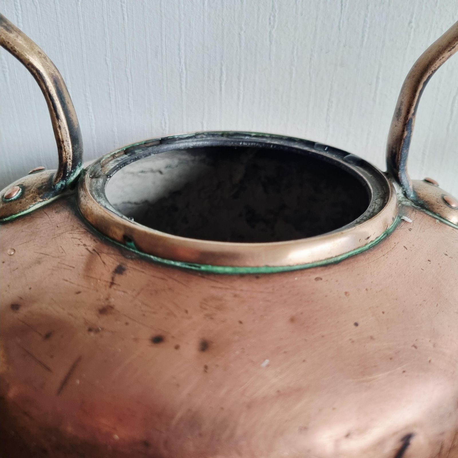 Large Polished Copper Teapot With Handle. Vintage Fireside Kettle photo vinterior