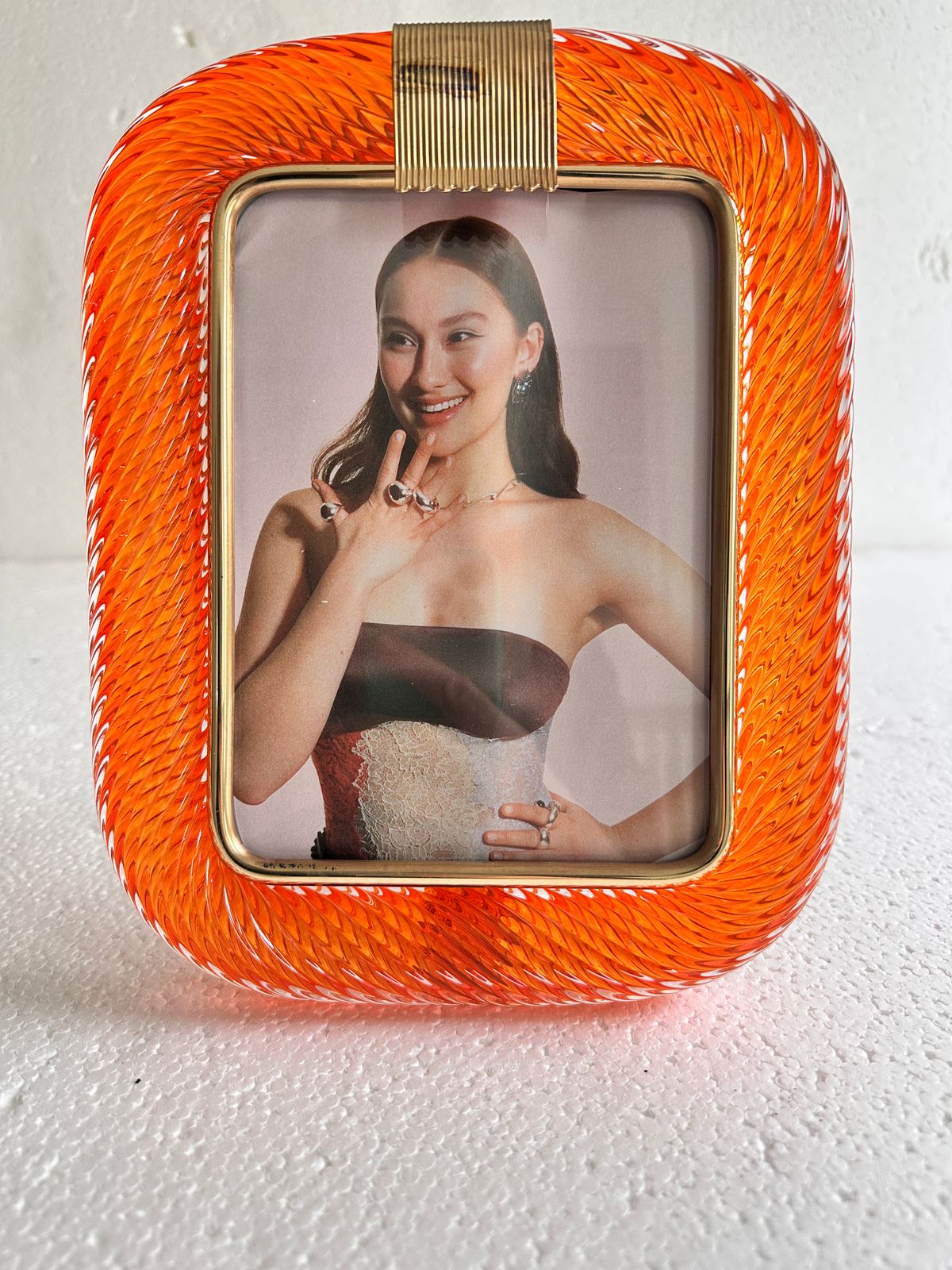 Mid Century Modern Style Amber“Torchon” Murano Glass Picture Frame And Unaquered Brass In Barovier Style. photo vinterior