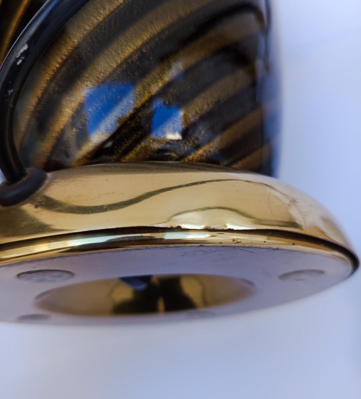 Lighting Elegant Black Murano Glass Table Lamp With Gold Leaf, Designed By Tommaso Barbi In The 1970s. photo
