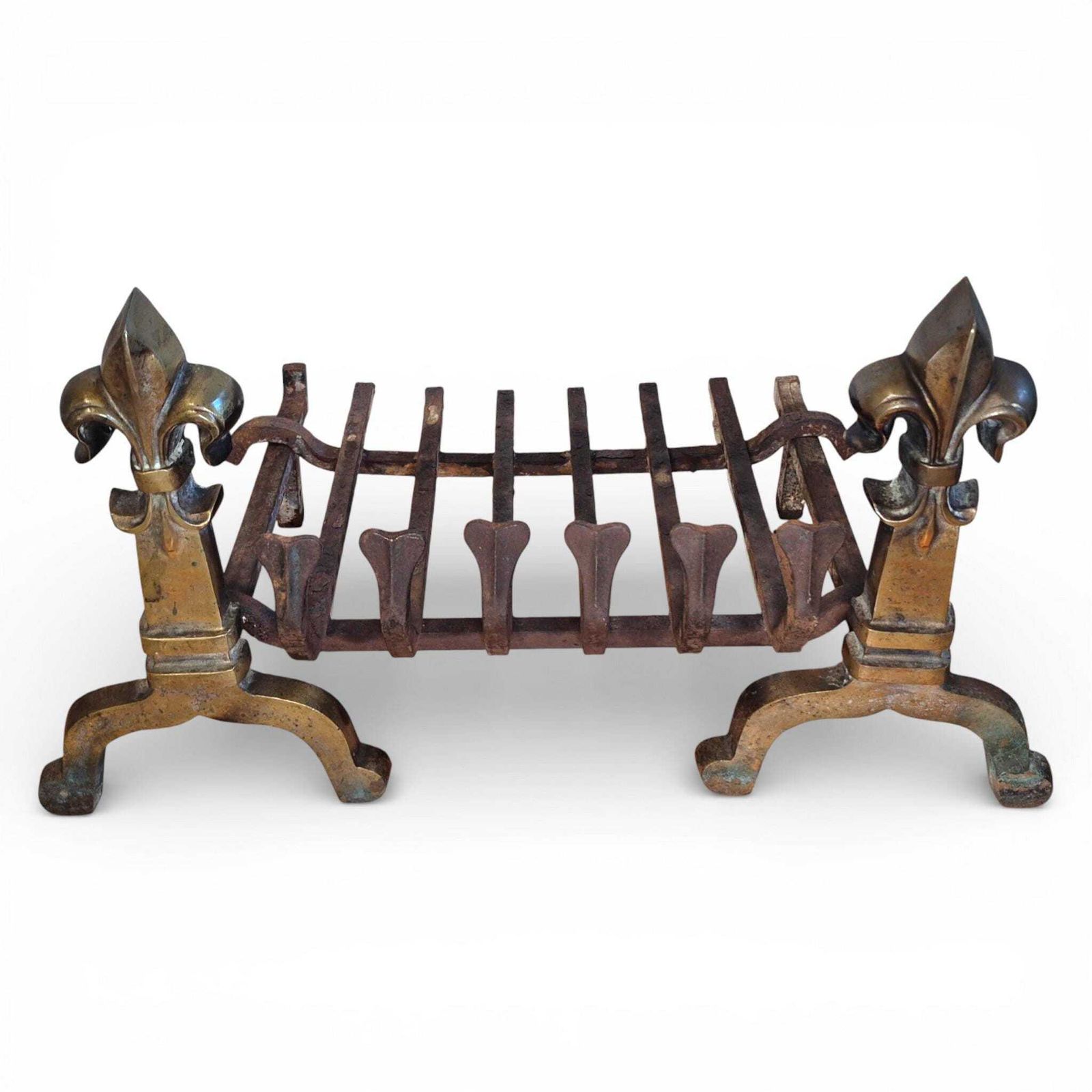 photo for sale Antique Brass & Iron Fire Grate With Fleur De Lis Finials | Victorian Fireplace Basket