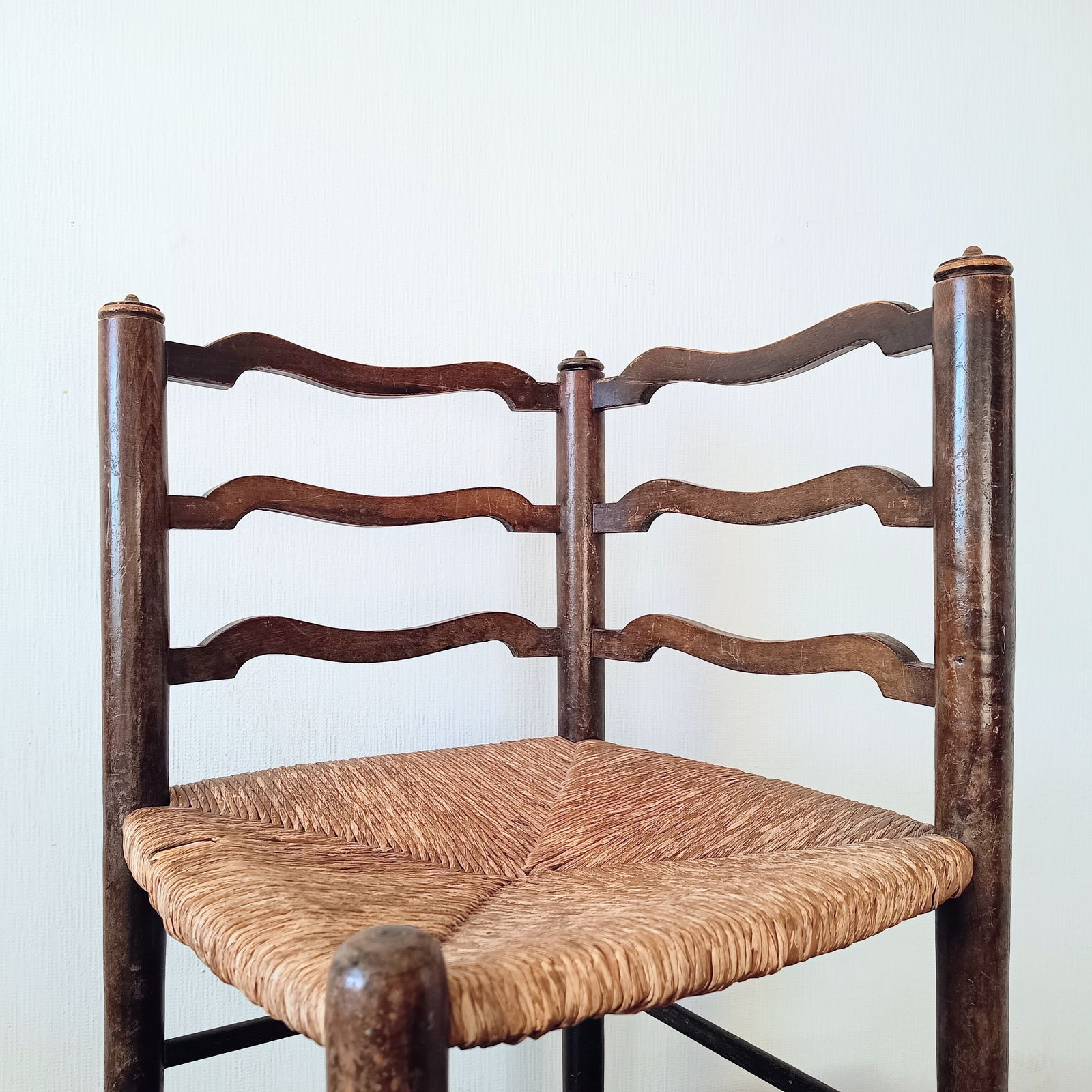 Lancashire Arts & Crafts Small Hall Chair, Serpentine Ladder Back Rush Seat, C.1900 photo for sale