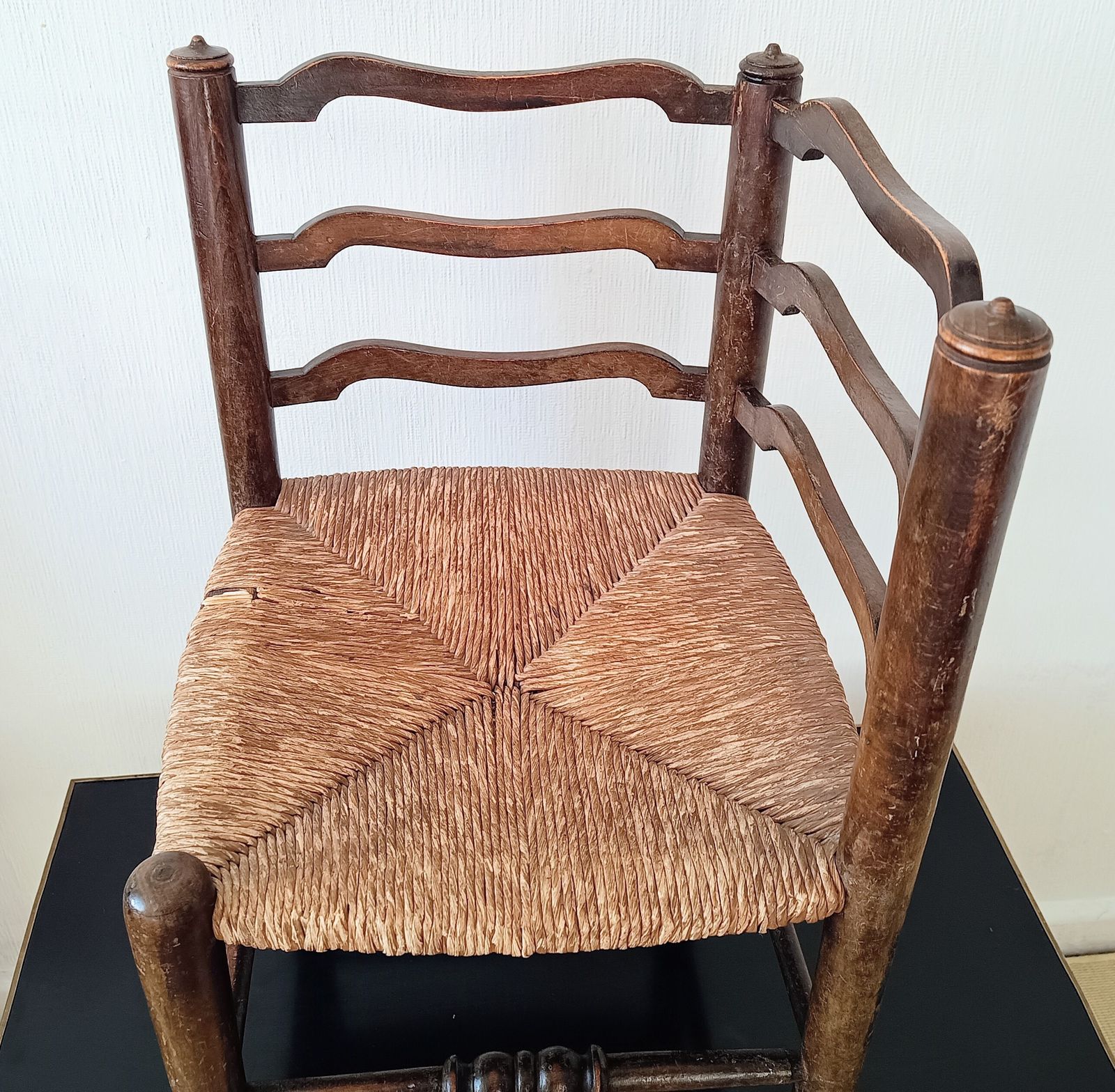 Lancashire Arts & Crafts Small Hall Chair, Serpentine Ladder Back Rush Seat, C.1900