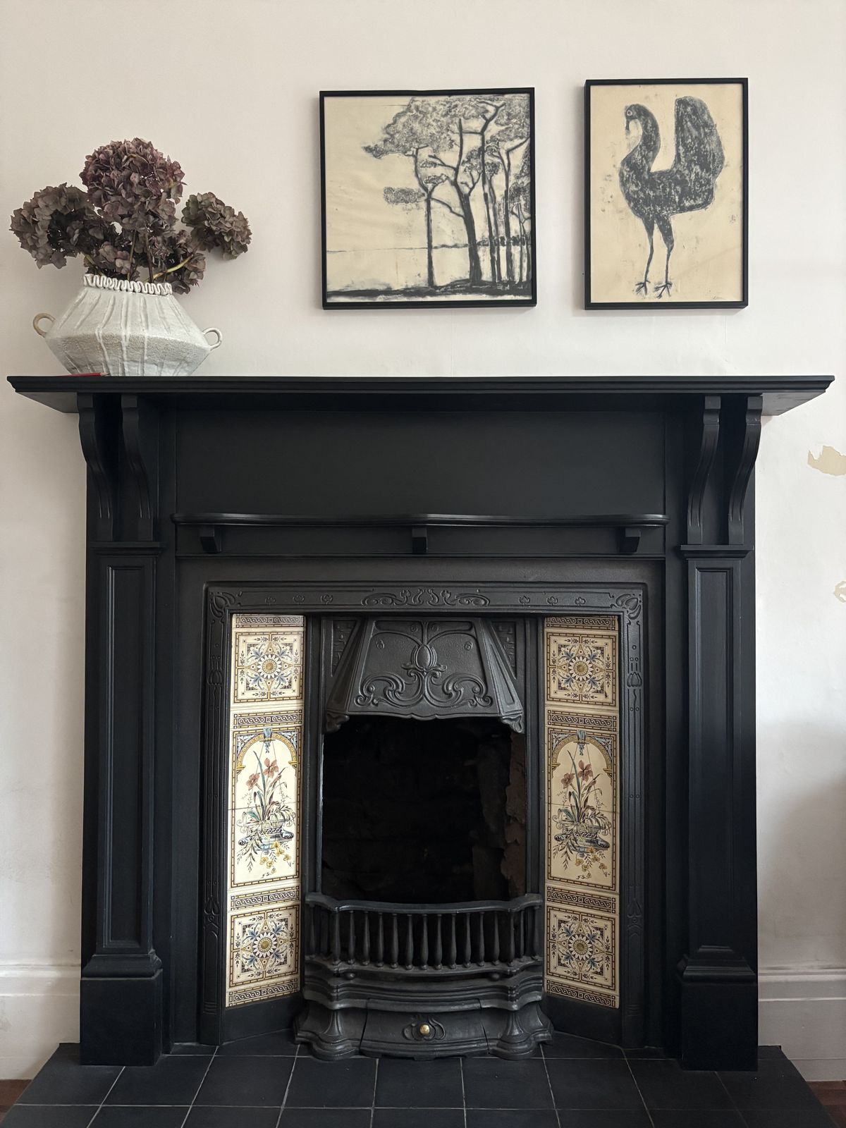 Fireplace Cast Iron Insert And Solid Wood Mantelpiece. photo for sale
