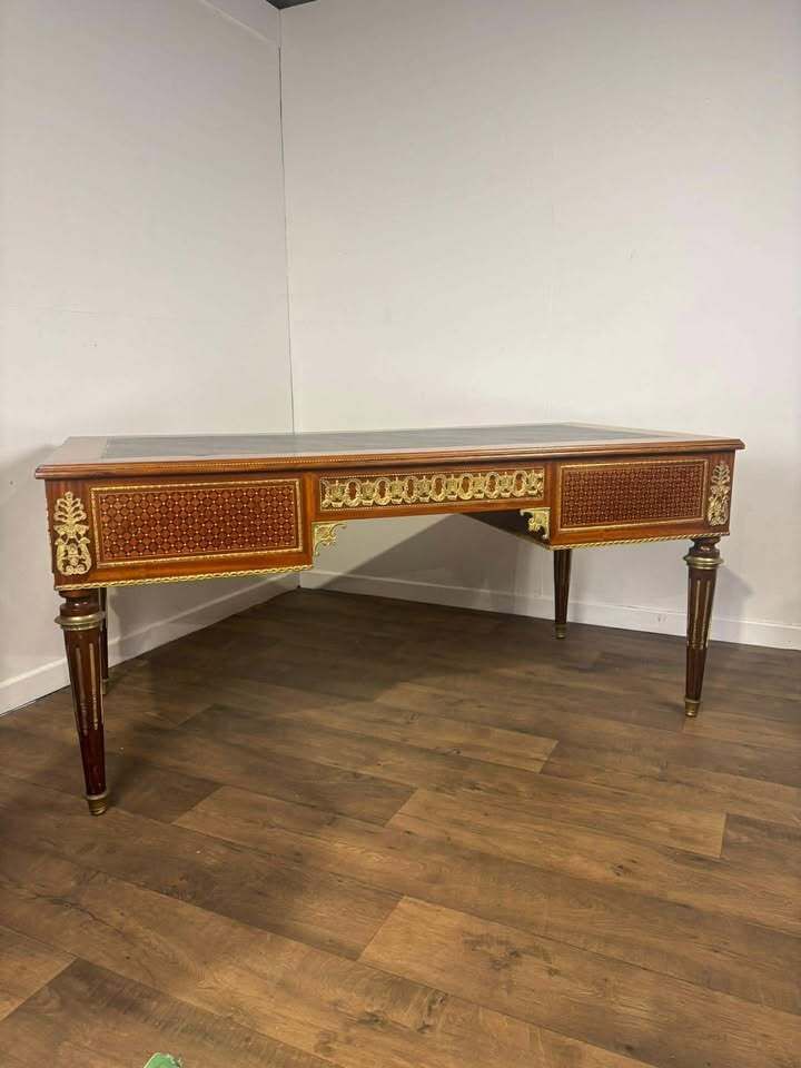 Continental Reproduction Walnut Veneered Tooled Inlaid Desk (Style Of Louis XVI) photo for sale