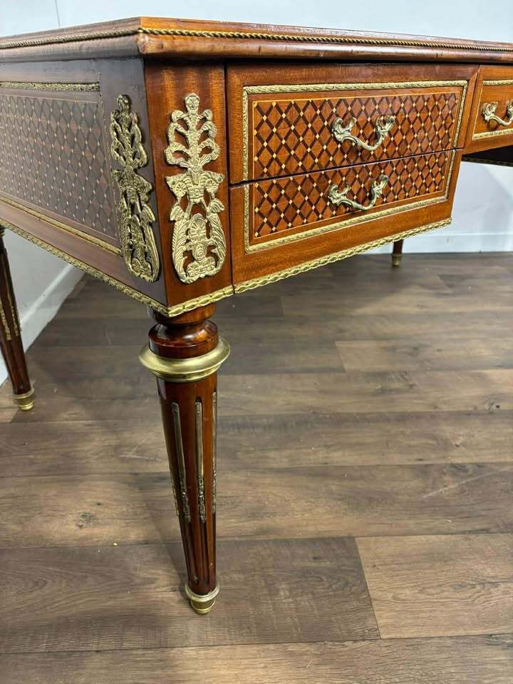 Continental Reproduction Walnut Veneered Tooled Inlaid Desk (Style Of Louis XVI) photo buy