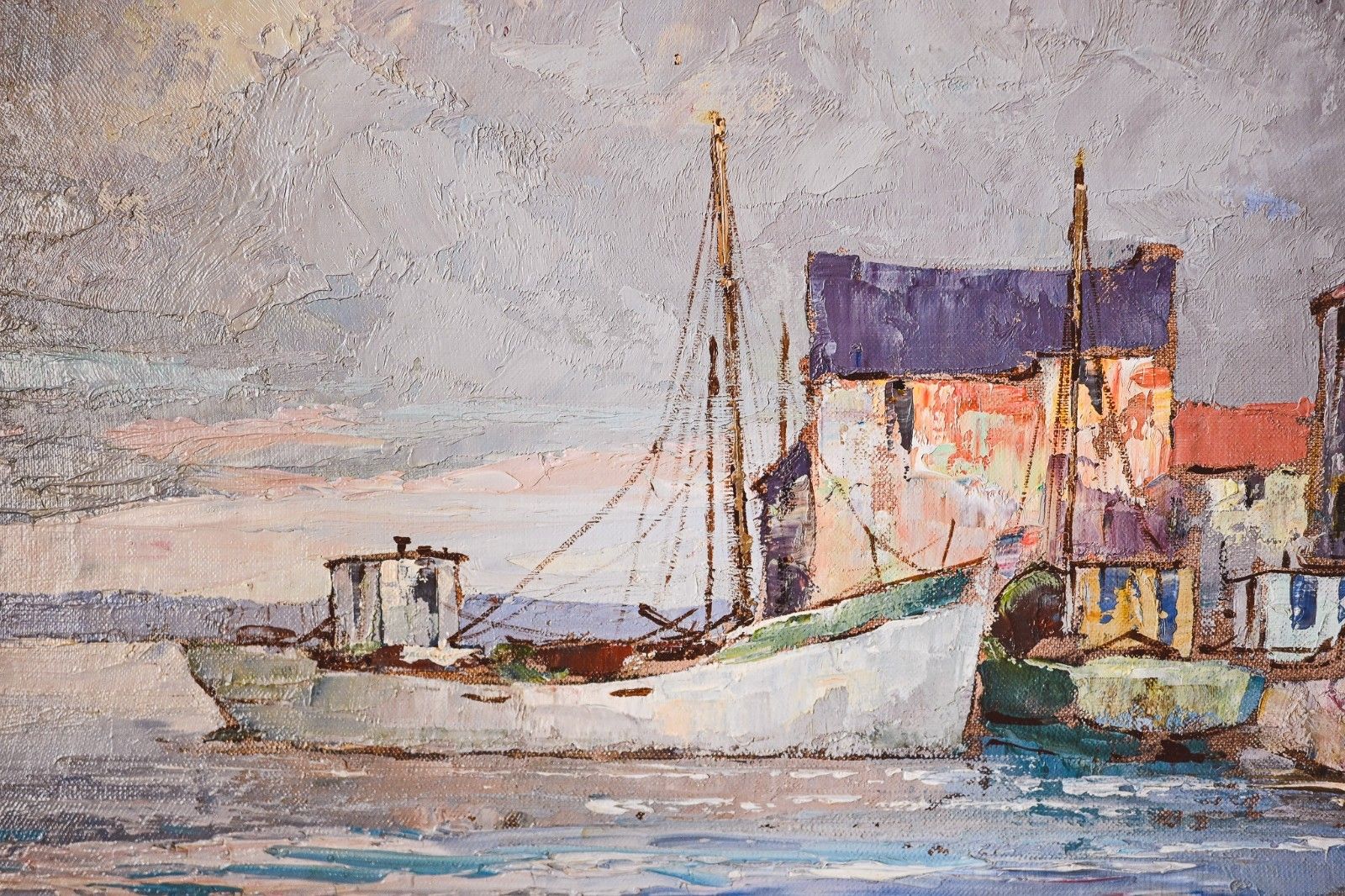 Marina With Boats Oil Painting On Canvas (Signature Maybe Hoffmann) photo for sale