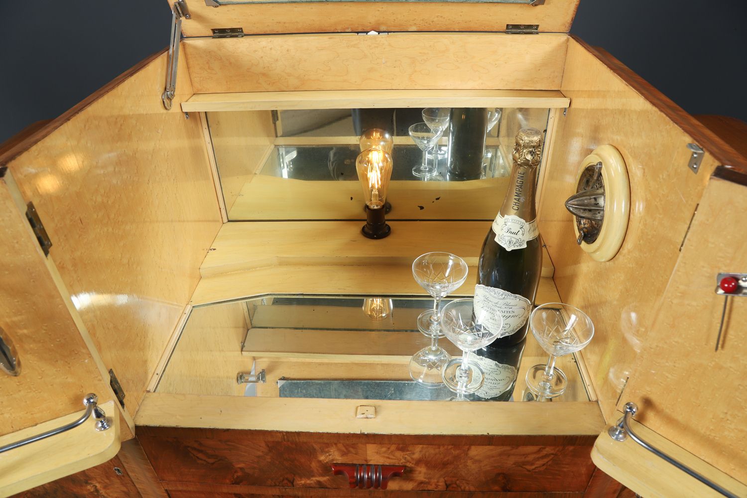 Furniture English Art Deco Epstein Electric Figured Walnut Cocktail & Drinks Cabinet (Circa 1930) photo