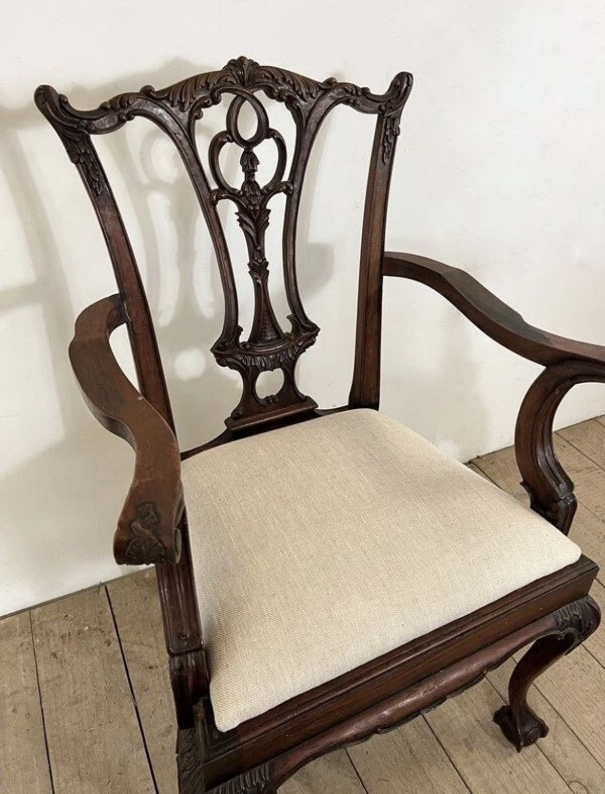 Victorian Antique Mahogany Chippendale Upholstered Armchair photo vinterior
