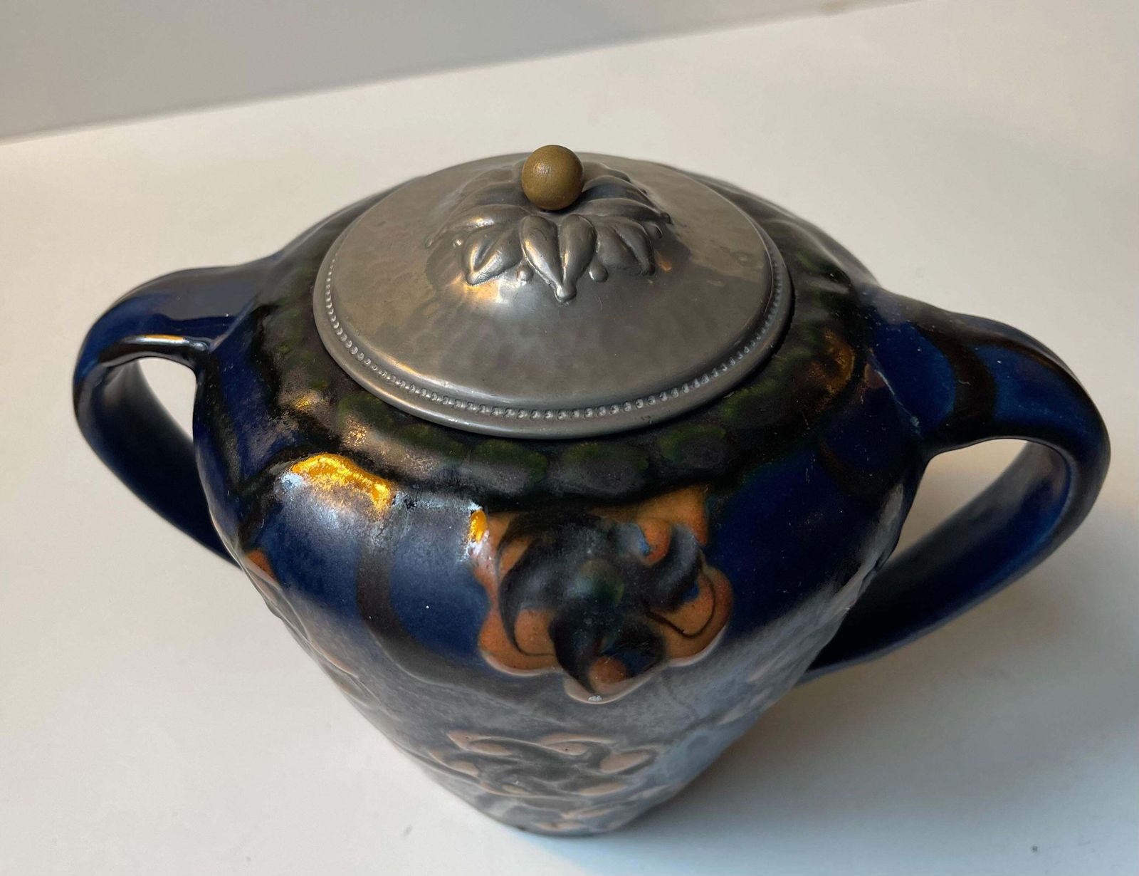 Herman August Kähler Glazed Ceramic Jugendstil Urn With Pewter Lid, 1910s photo vinterior