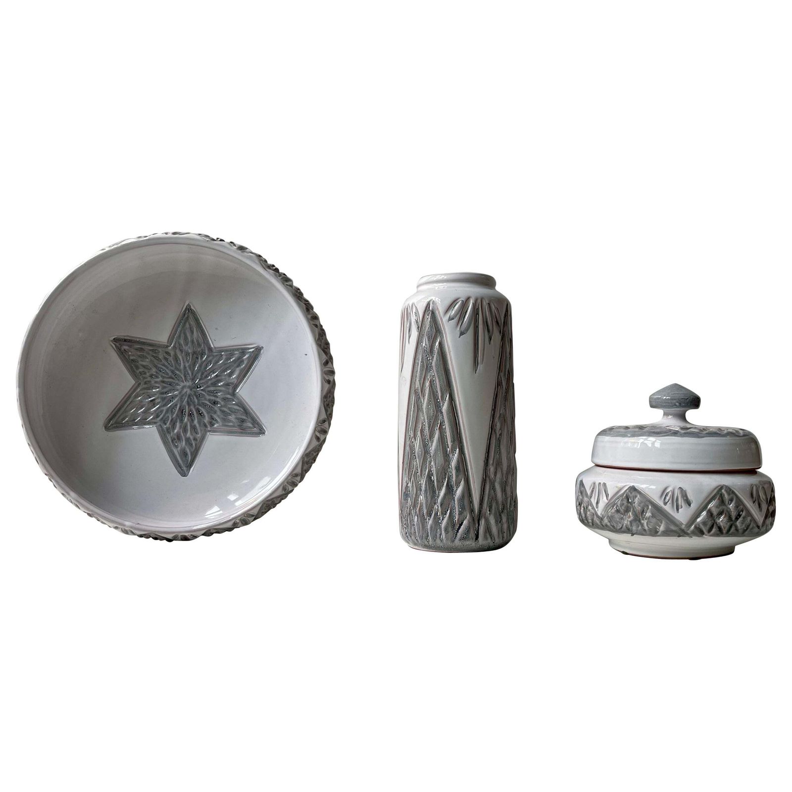 Danish Modern Ceramic Bowl, Trinket And Vase In White & Grey Glaze, 1970s