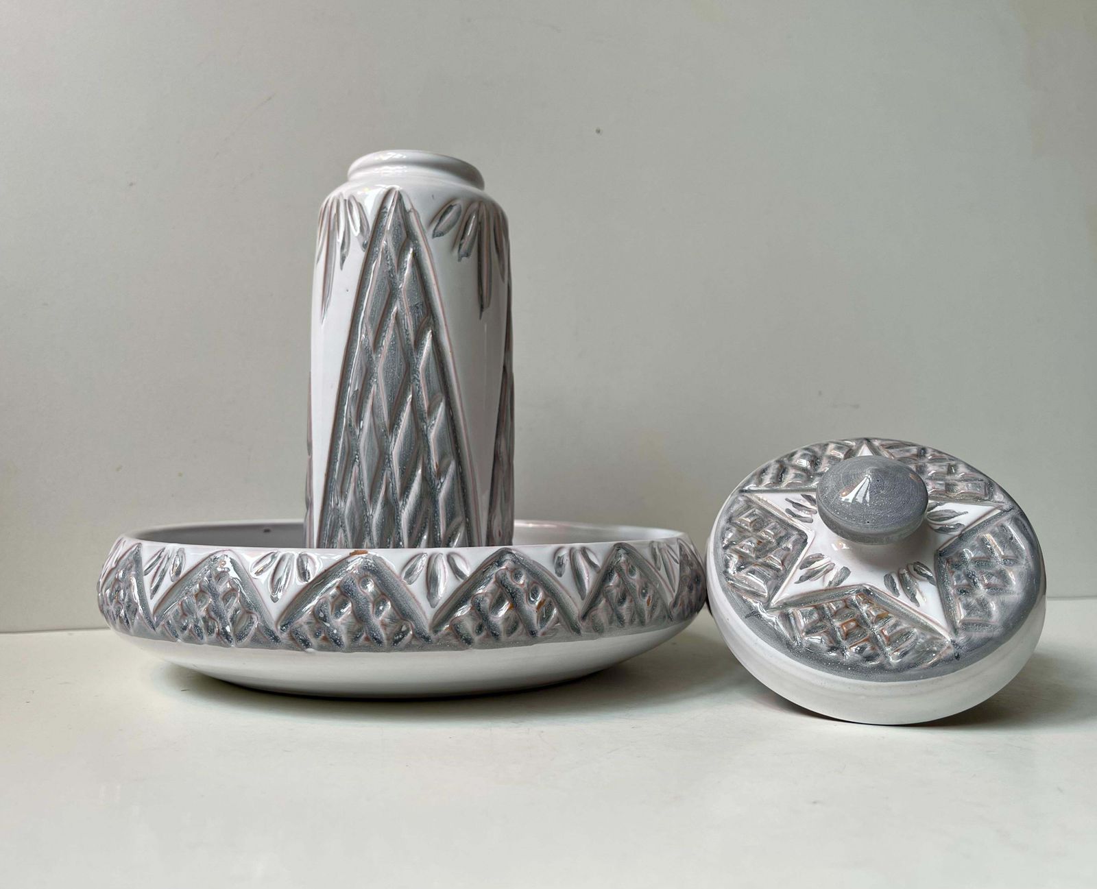 Danish Modern Ceramic Bowl, Trinket And Vase In White & Grey Glaze, 1970s photo Home Decor