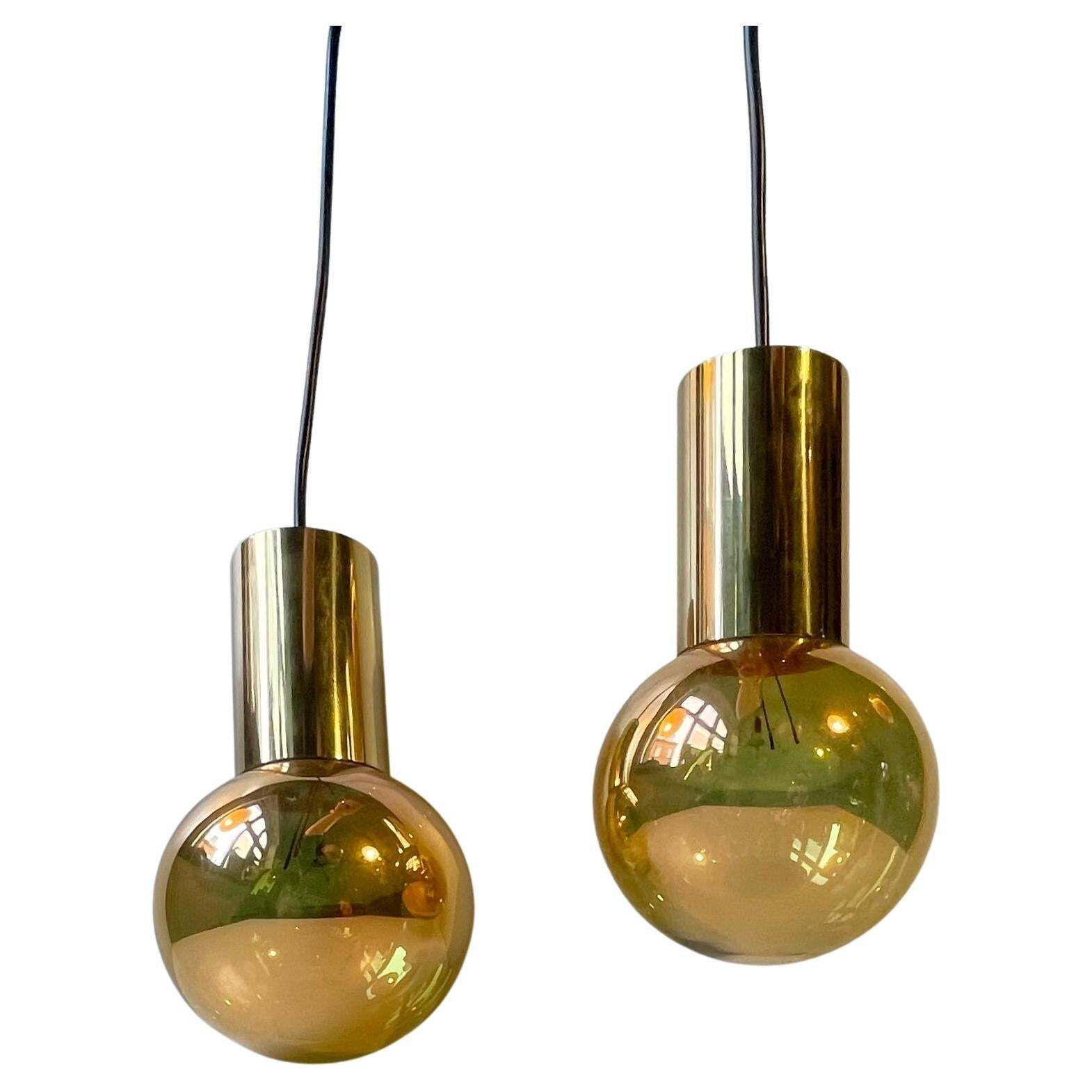 Mid Century Golden Spy Ball Pendant Lamps In Brass By Frimann, 1960s