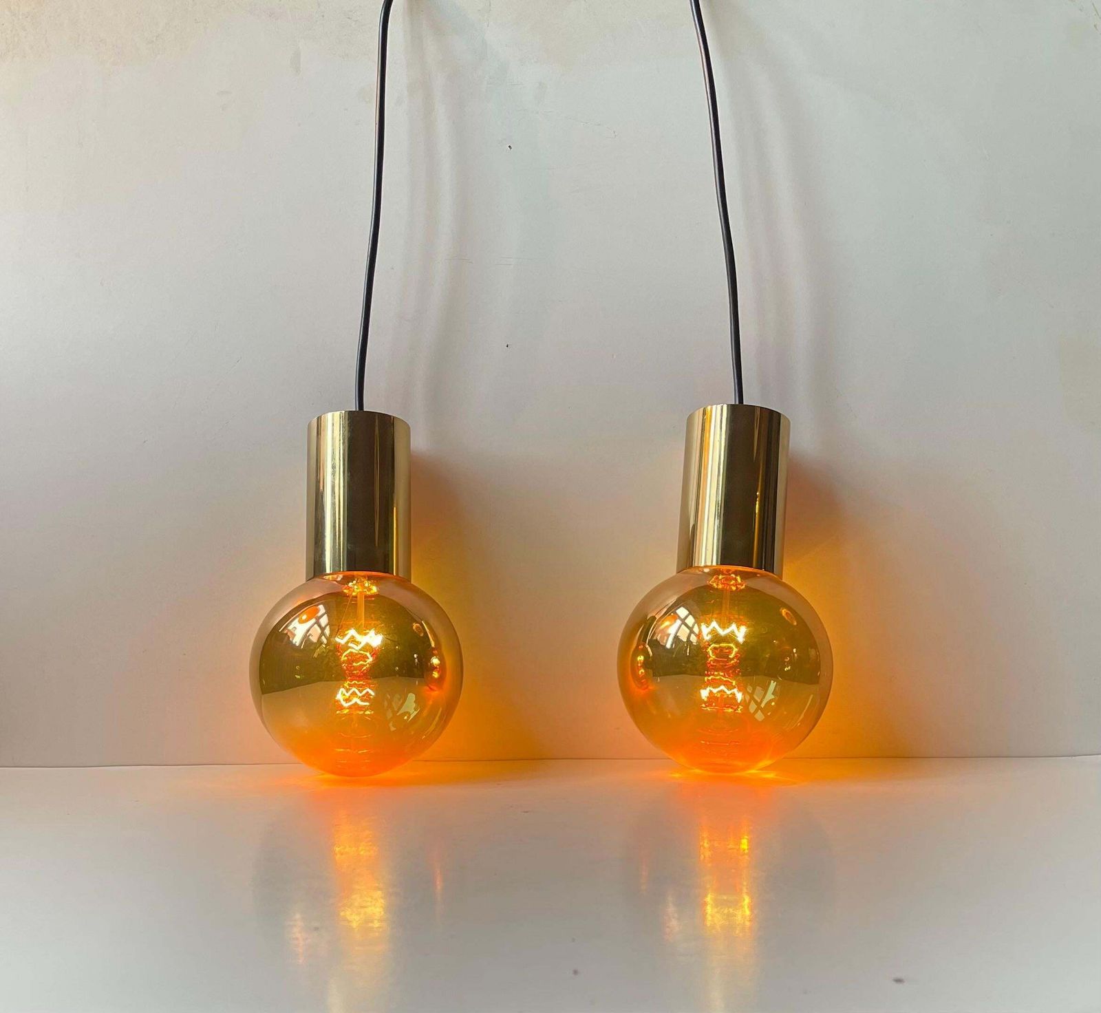 Mid Century Golden Spy Ball Pendant Lamps In Brass By Frimann, 1960s photo vintage