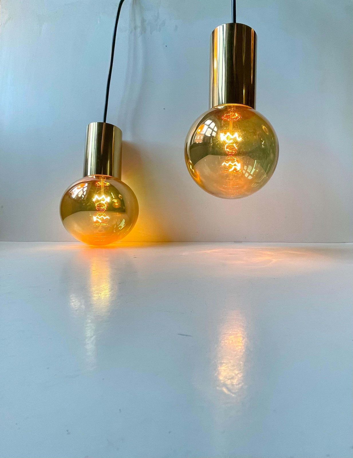 photo for sale Mid Century Golden Spy Ball Pendant Lamps In Brass By Frimann, 1960s