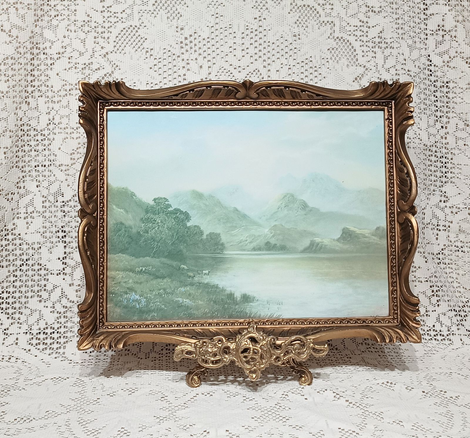 Decorative Vintage Art Print Highland Cattle Mountain Loch Landscape Gold Gild Scroll Frame. photo furniture