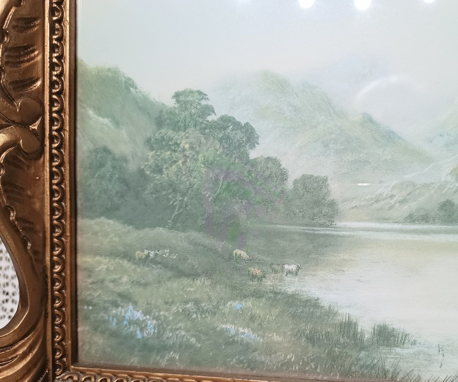 Decorative Vintage Art Print Highland Cattle Mountain Loch Landscape Gold Gild Scroll Frame. photo for sale