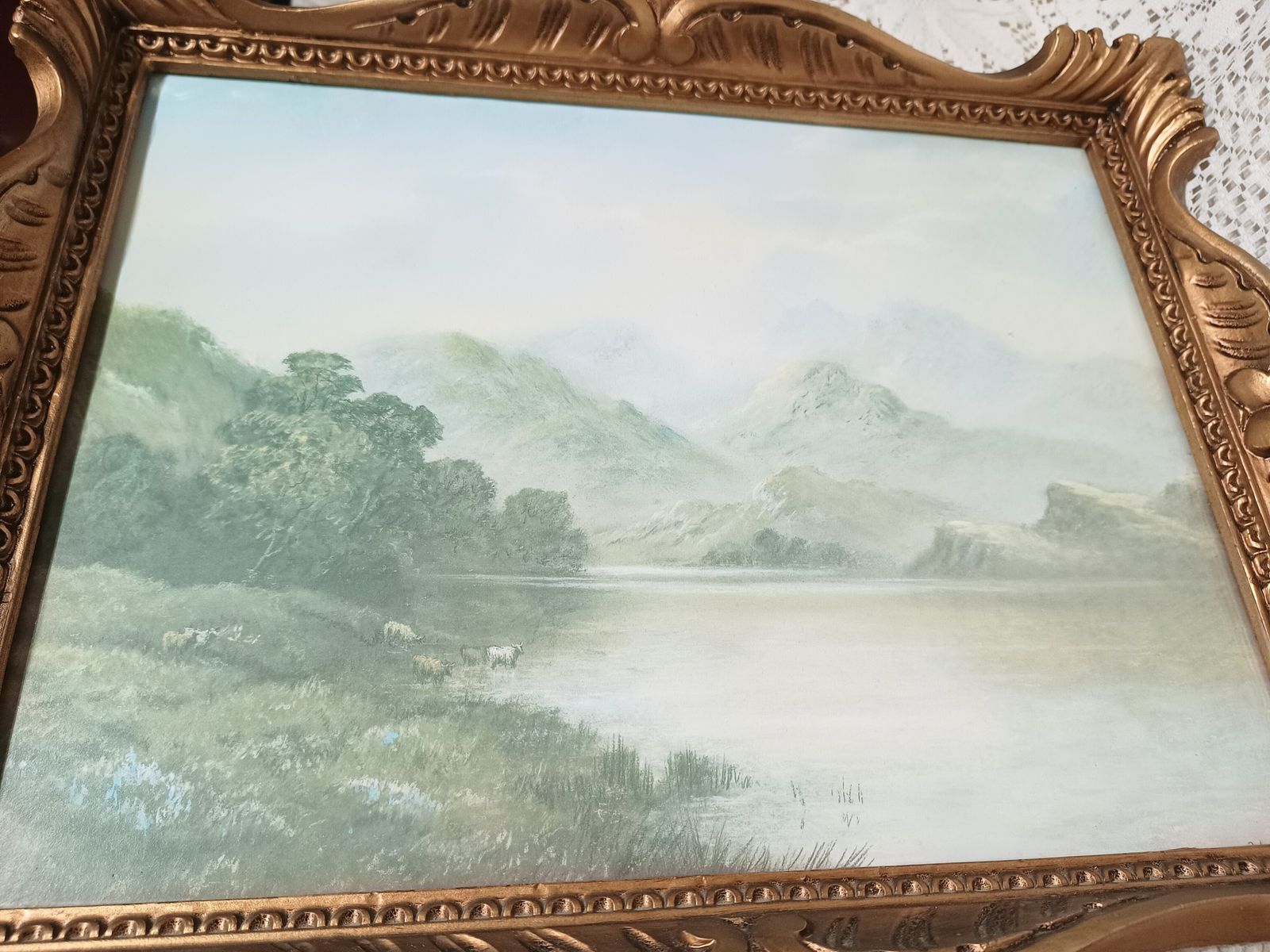 Decorative Vintage Art Print Highland Cattle Mountain Loch Landscape Gold Gild Scroll Frame. photo 65.0