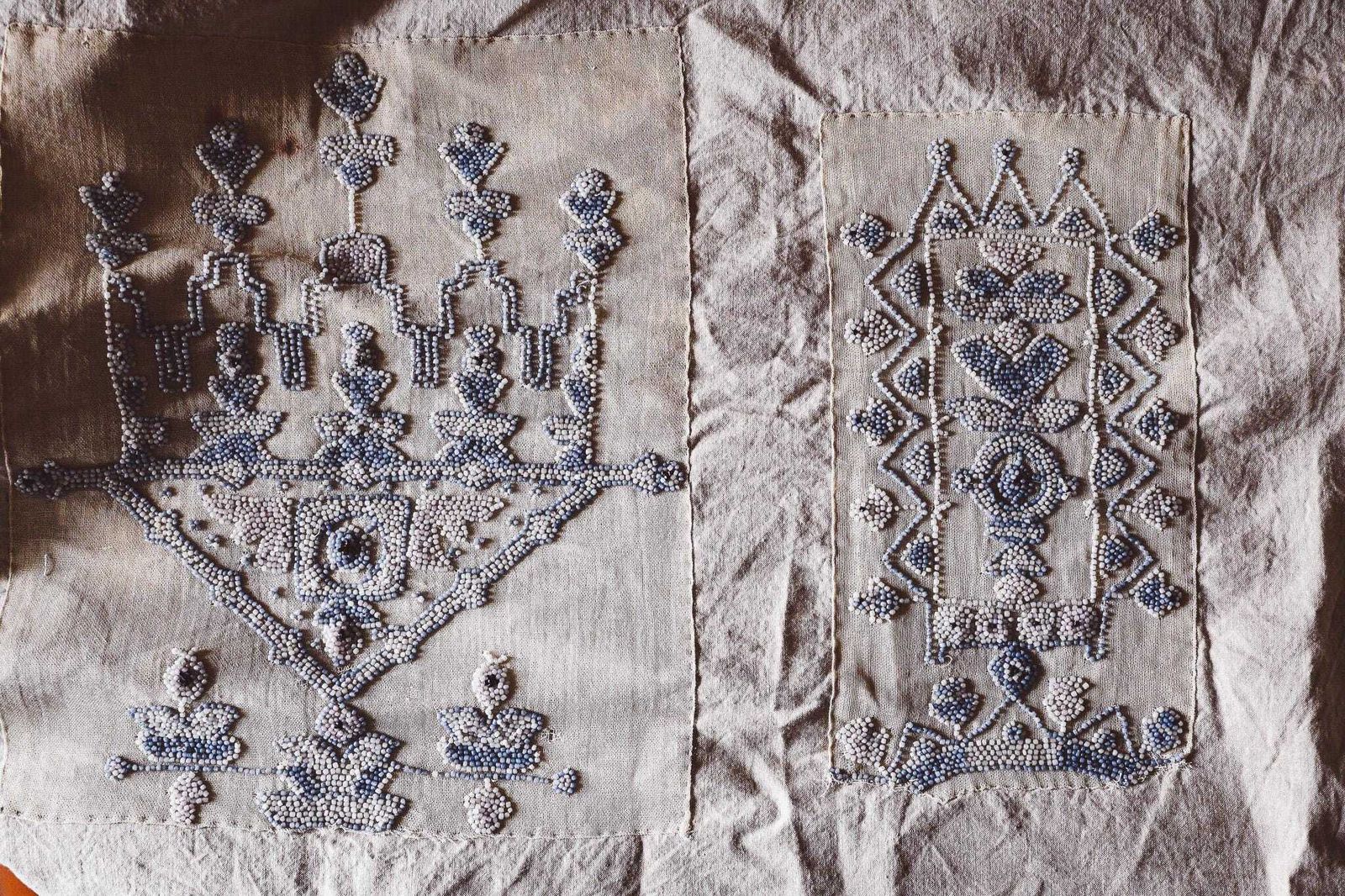 1930s Beaded Embroidery Panel   Blue White Glass Beads On Linen   Antique Folk Art Textile 70x44cm   Handmade Beadwork photo 252.0