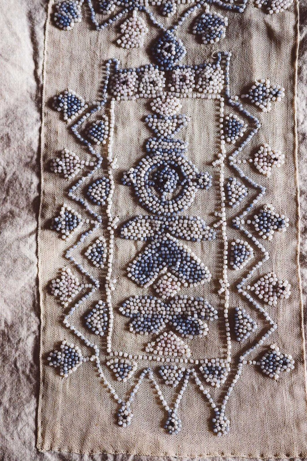 1930s Beaded Embroidery Panel   Blue White Glass Beads On Linen   Antique Folk Art Textile 70x44cm   Handmade Beadwork photo vinterior