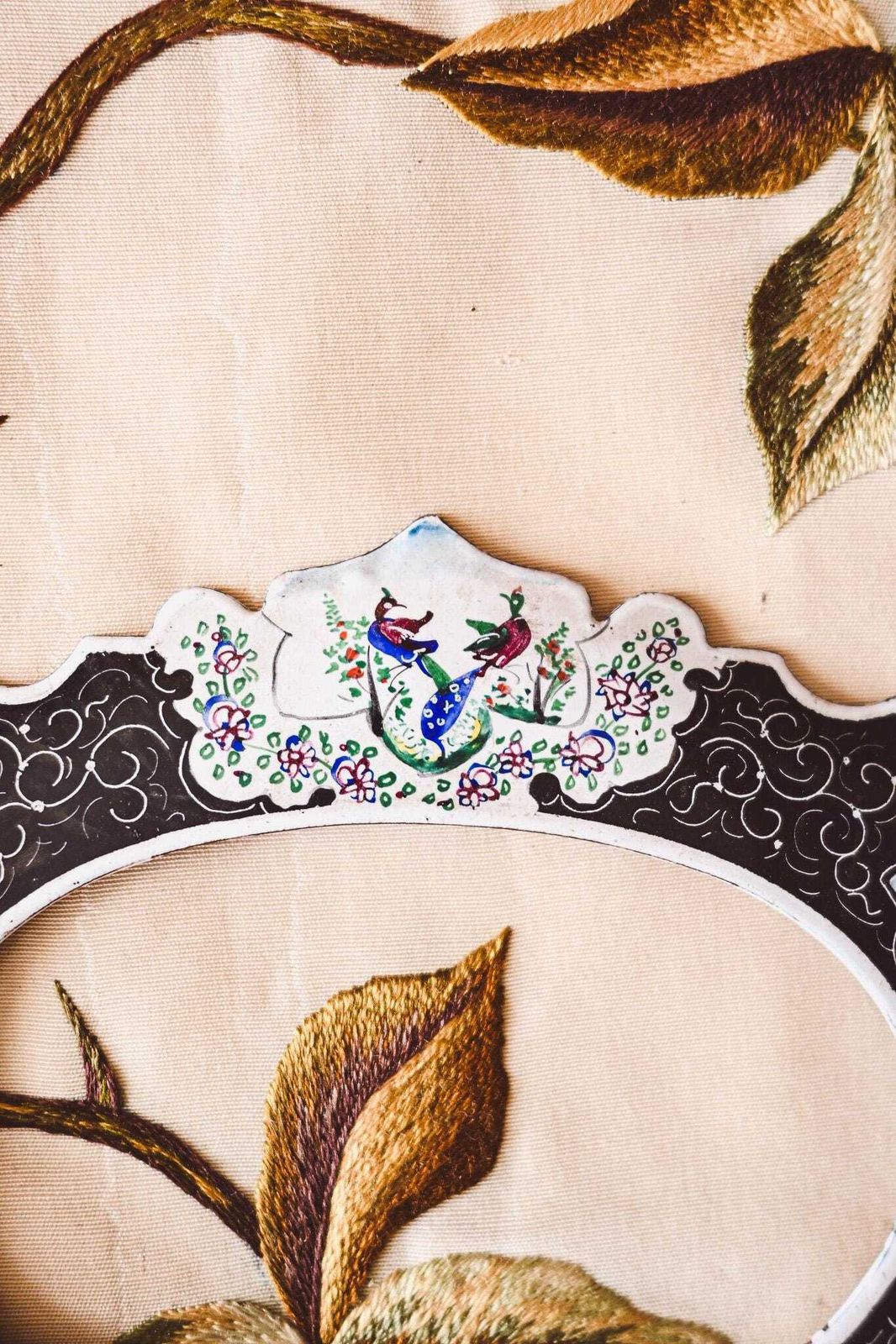 Victorian Enamel Photo Frame Peacock Floral Design | Antique Hand Painted Picture Frame | Black White Enamelware | Collectible 15x12cm photo vinterior