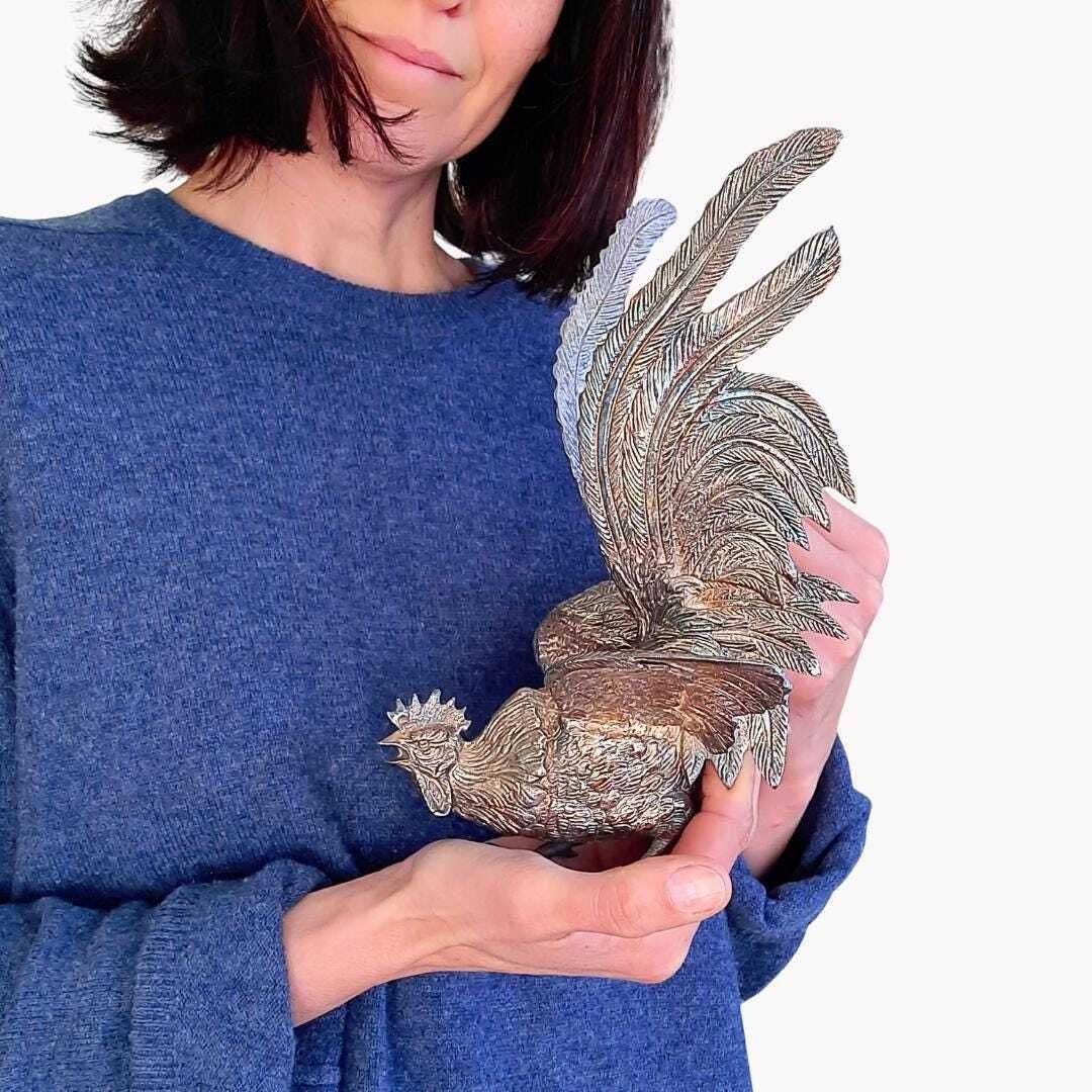 Large Mid Century Italian Silver Tone Metal Cockerel Rooster Statuette photo furniture
