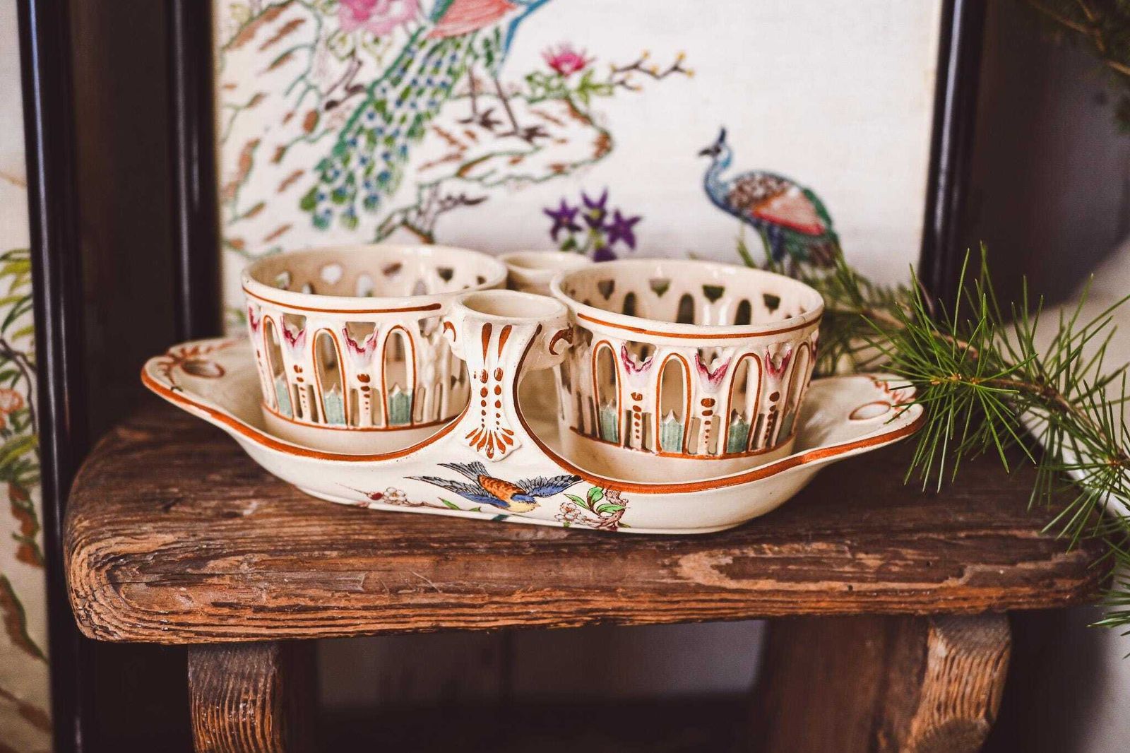 Antique Luneville French Faience Condiment Set | Hand Painted Bird Floral Design | Reticulated Cups Tray | K&G Luneville France photo for sale