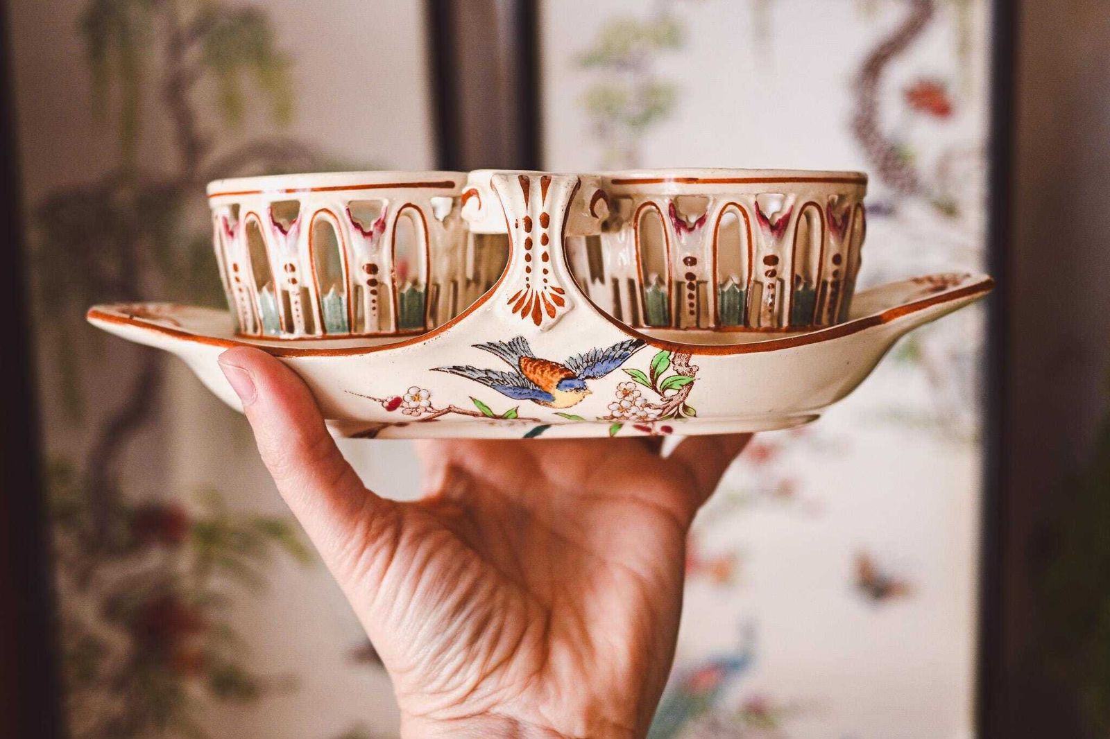 Antique Luneville French Faience Condiment Set | Hand Painted Bird Floral Design | Reticulated Cups Tray | K&G Luneville France photo vinterior