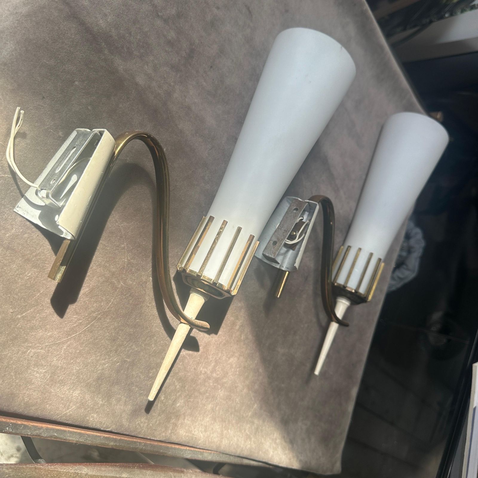 873.0 Two 1950s Stilnovo Style Mid Century Modern Brass And Glass Italian Wall Sconces photo