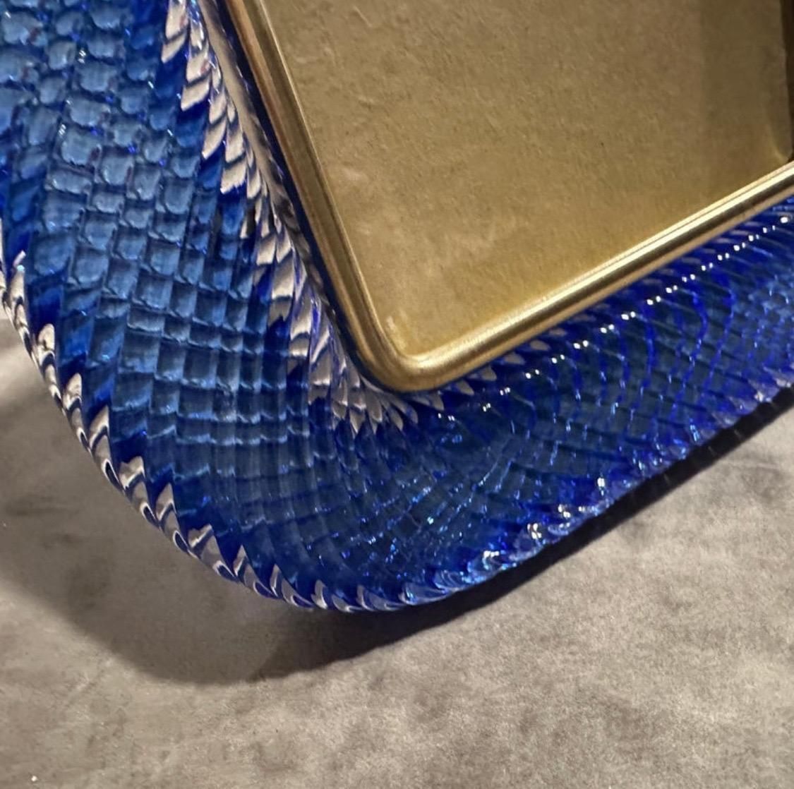 1990s Barovier Style Art Deco Blue Murano Glass And Brass Picture Frame photo furniture