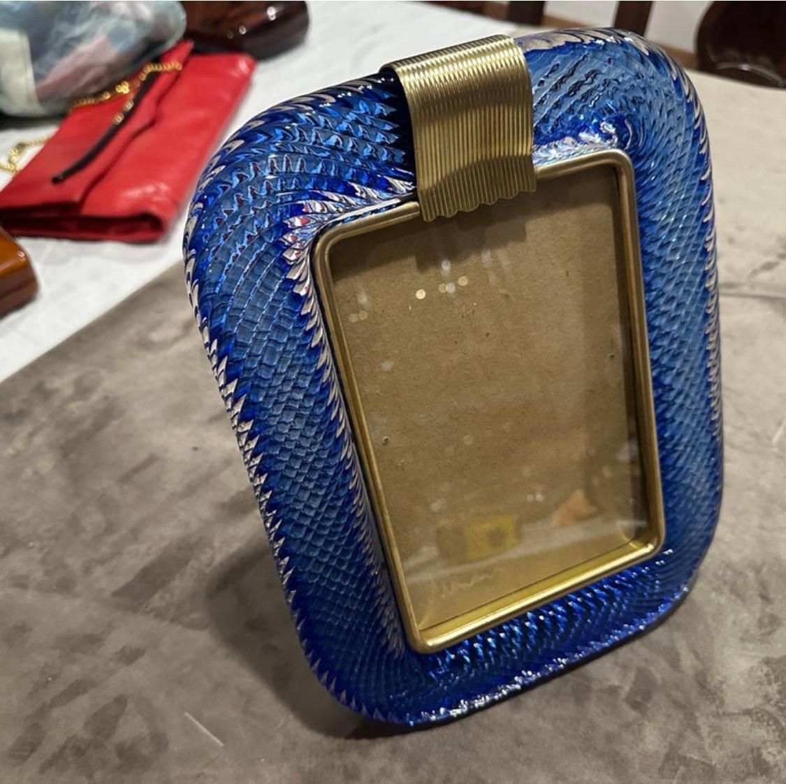1990s Barovier Style Art Deco Blue Murano Glass And Brass Picture Frame photo Home Decor