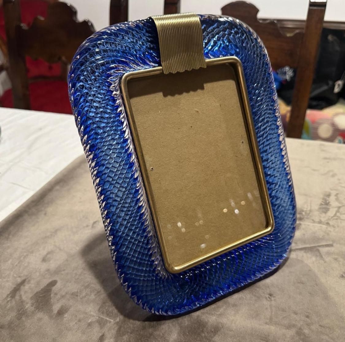 1990s Barovier Style Art Deco Blue Murano Glass And Brass Picture Frame photo vinterior
